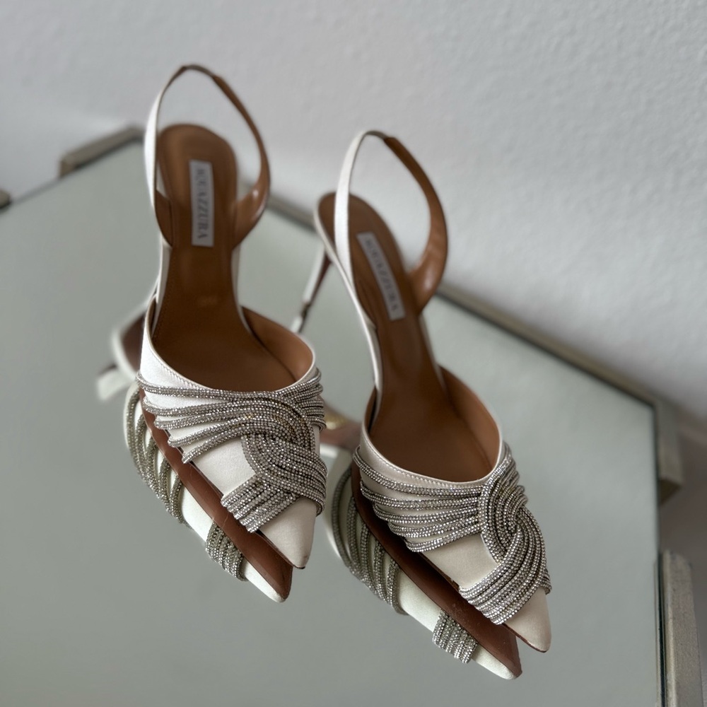 Worn once AQUAZZURA Gatsby 75 crystal-embellished satin slingback pumps - Picture 13 of 16